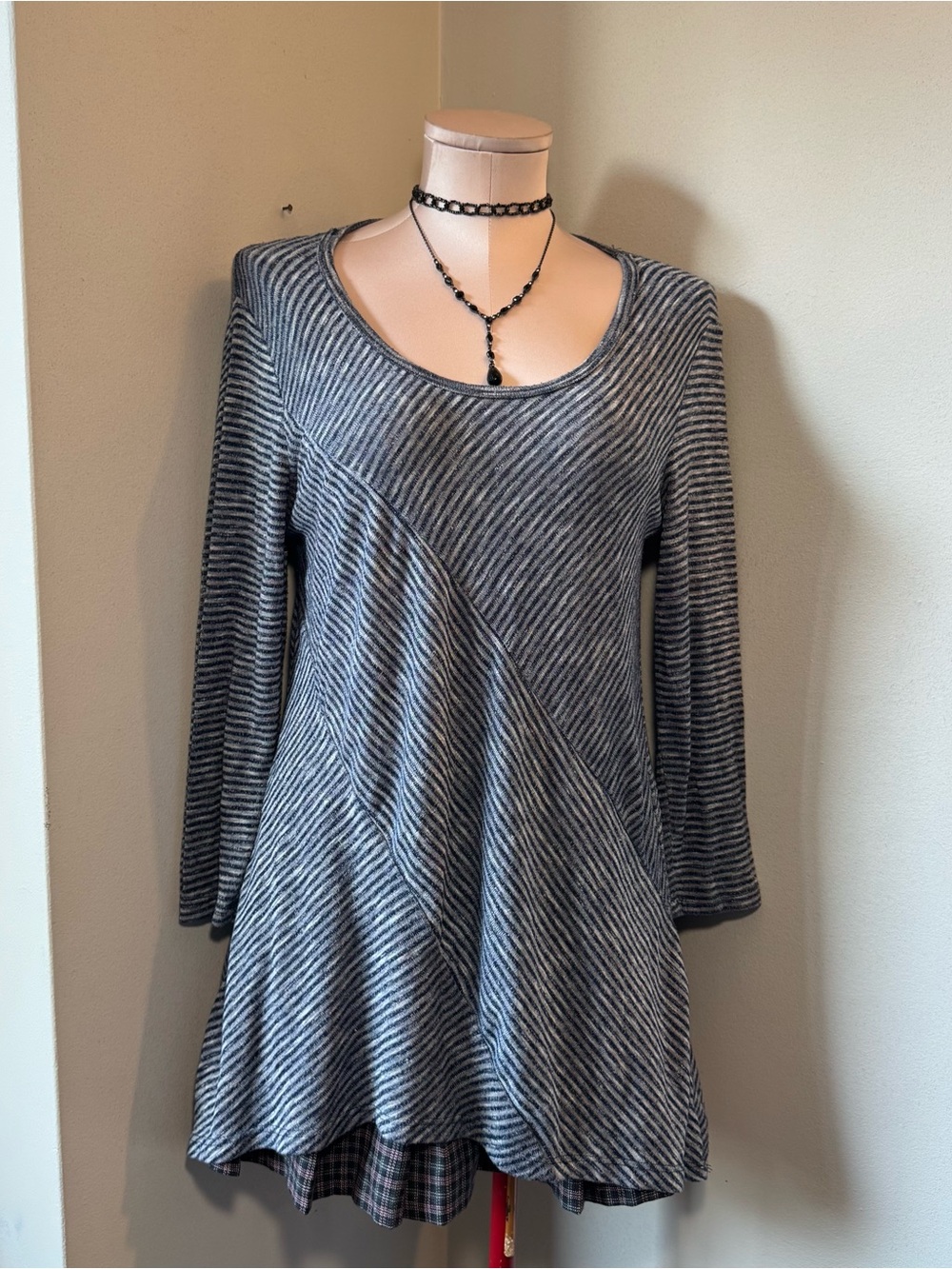 Gray Striped Long-Sleeve A-Line Tunic Dress